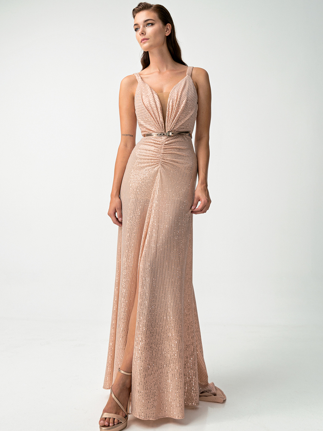 Φόρεμα maxi roz gold glitter Mischalis